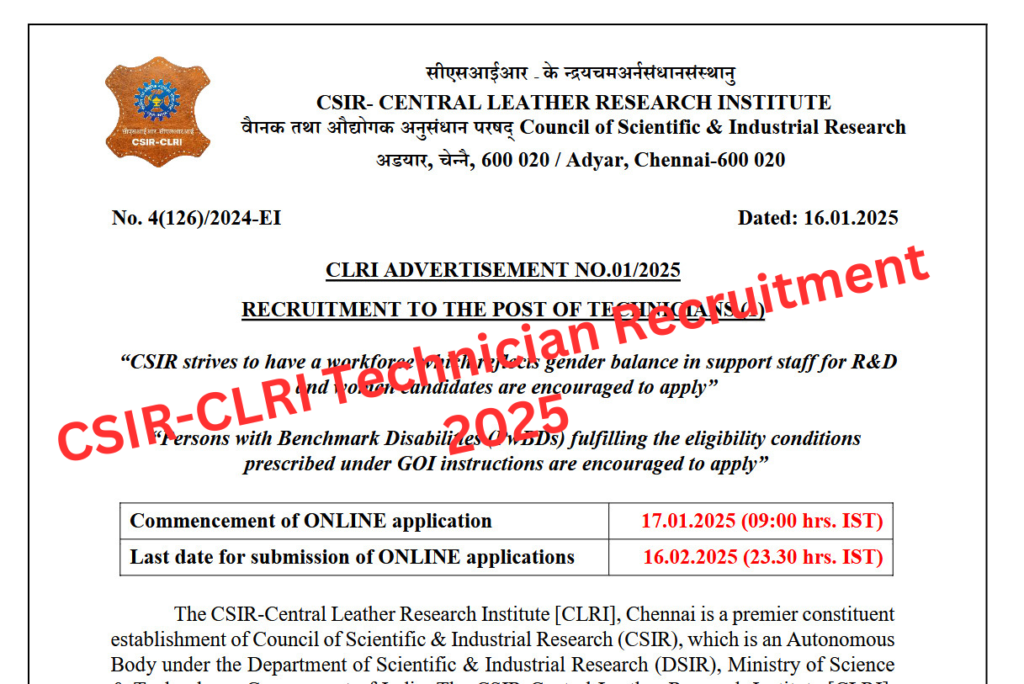 CSIR-CLRI Recruitment 2025 Notification Out