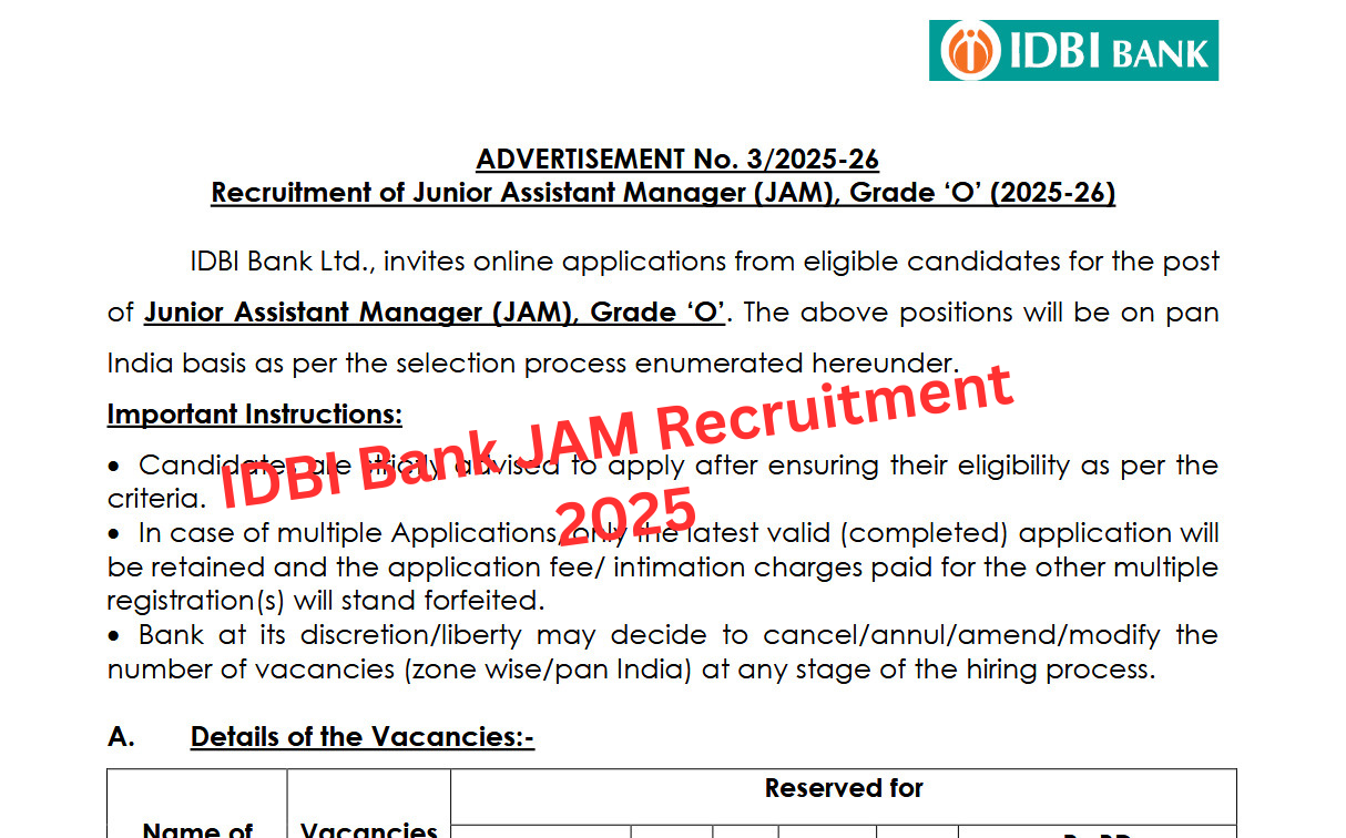 IDBI Bank JAM Recruitment 2025